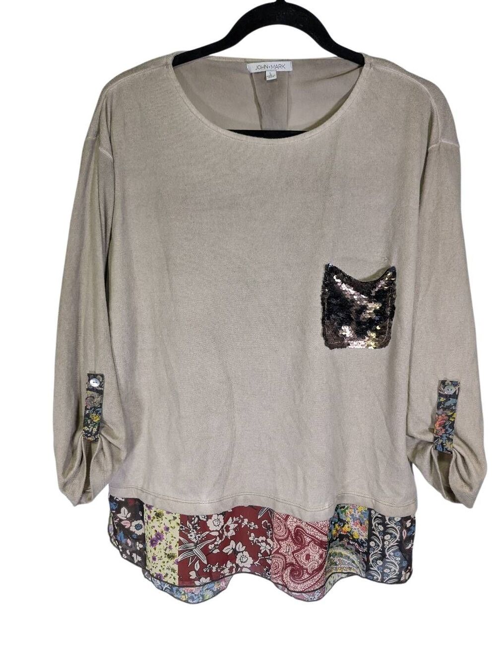 John Mark Women's Mixed Media Tan with Sequin Tunic Size L